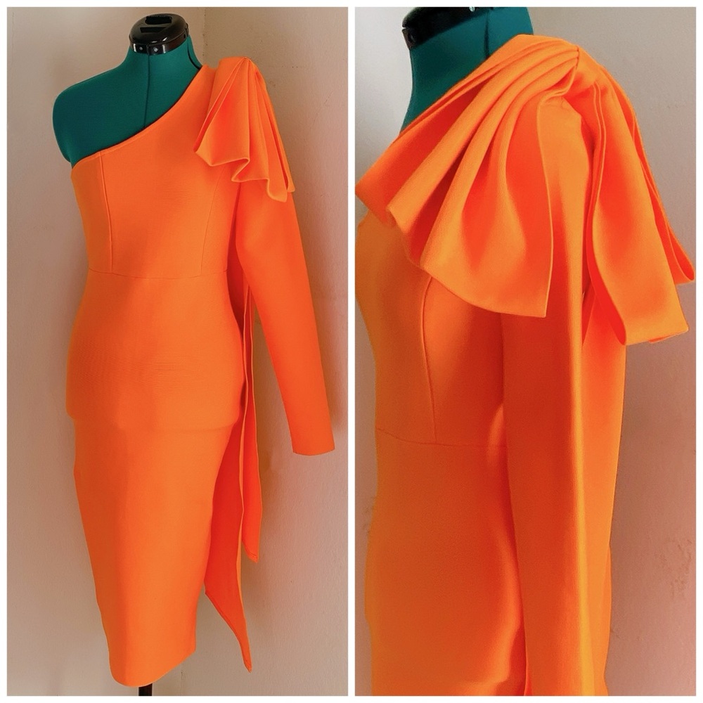 Neon Bright Orange Party Midi One-Shoulder Bow Dress